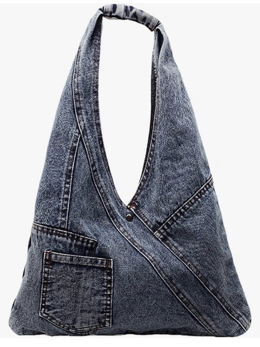Washed Blue Denim Shoulder Bag with Front Pocket